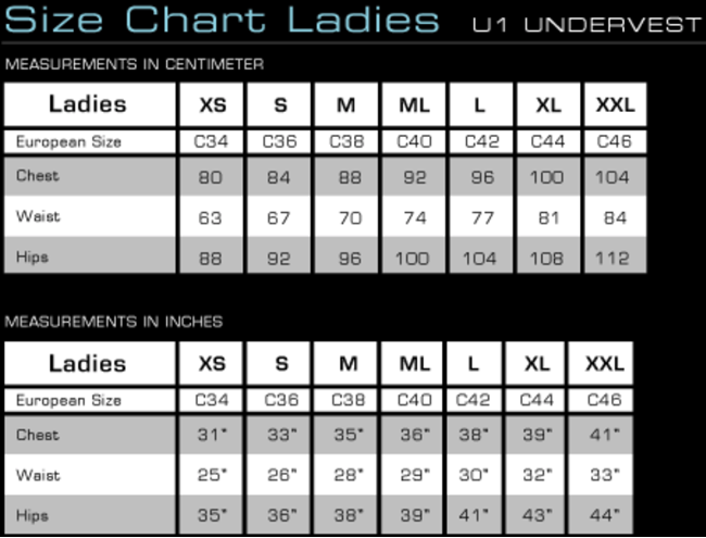Size chart for Waterproof U1 Lady