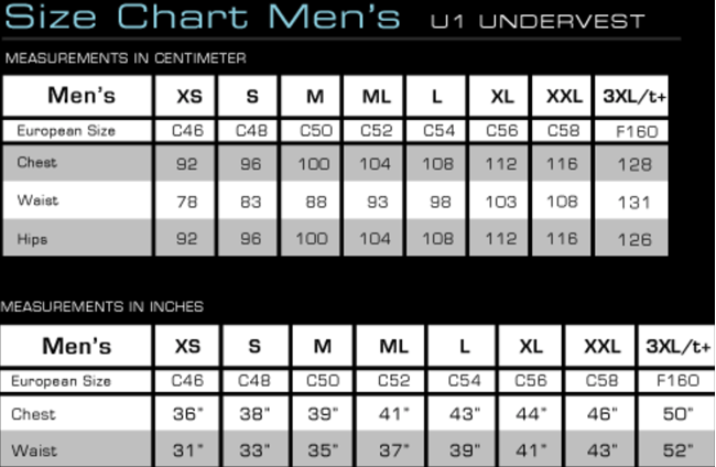 Size chart for Waterproof U1 Men