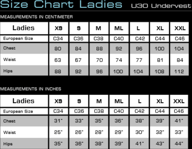 Size chart for Waterproof U30 Lady