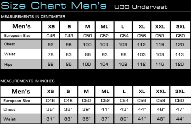 Size chart for Waterproof U30 Men
